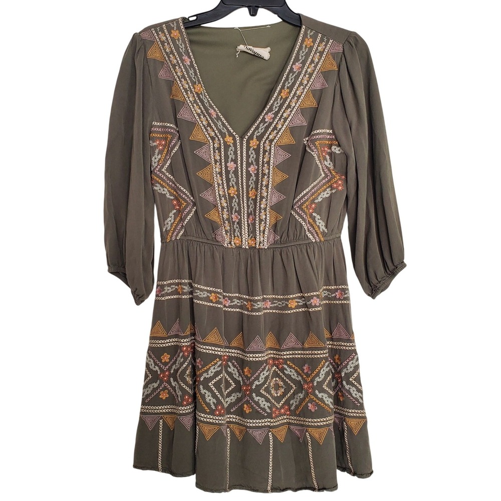 Savanna Jane Embroidered Flared Mini Dress‎ Olive Green 3/4 Sleeve Size M?
